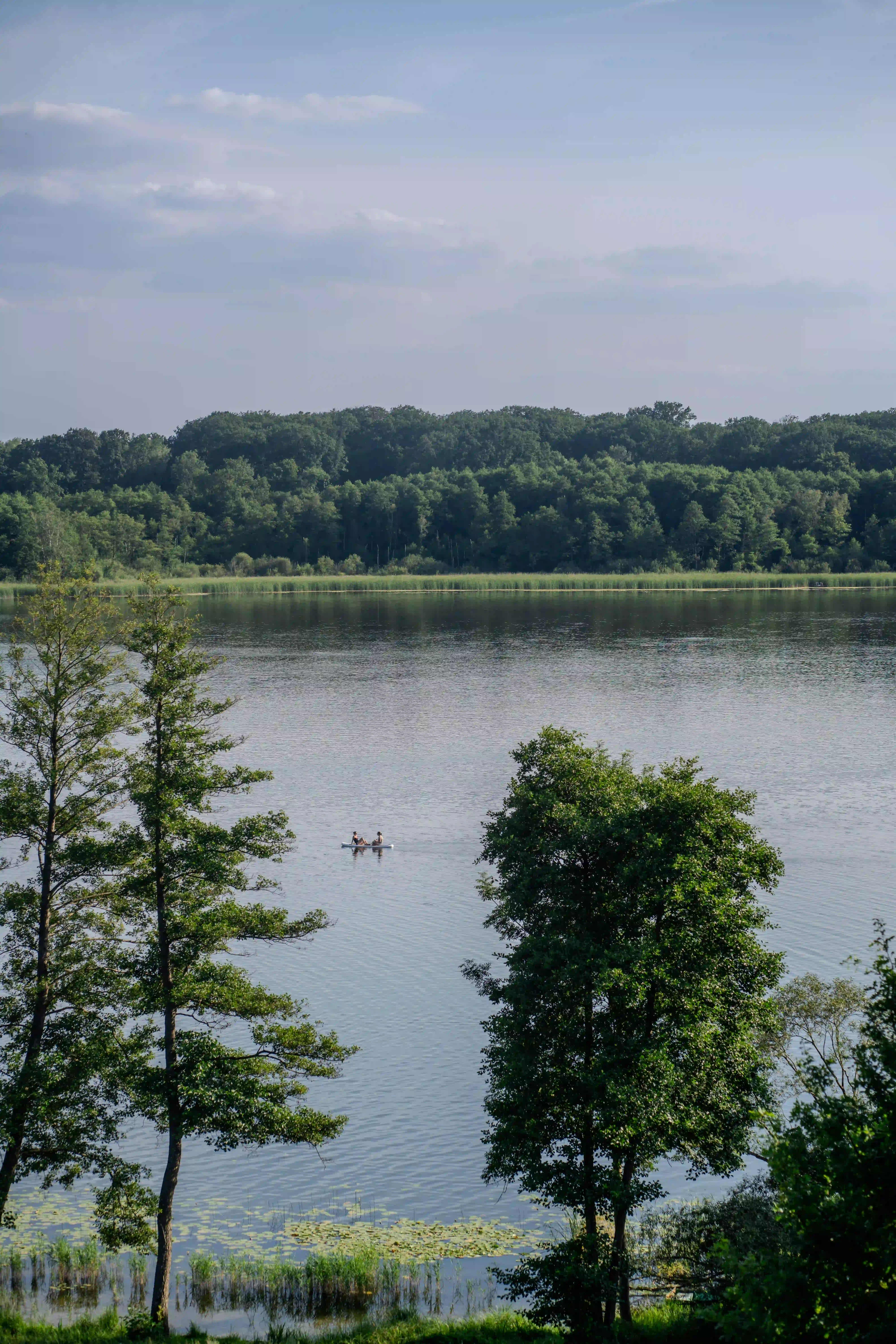 Spokojne jezioro otoczone bujną zielenią, zalesione wzgórza w tle. Na wodzie widoczna jest mała łódka z dwoma osobami, które płyną po jeziorze. Na pierwszym planie, po obu stronach kadru, znajdują się wysokie drzewa, które częściowo zasłaniają widok na jezioro.